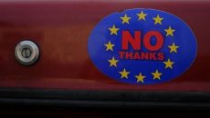 A car sticker with a logo encouraging people to leave the EU is seen on a car, in Llandudno, Wales, February 27, 2016. REUTERS/Phil Noble/Files